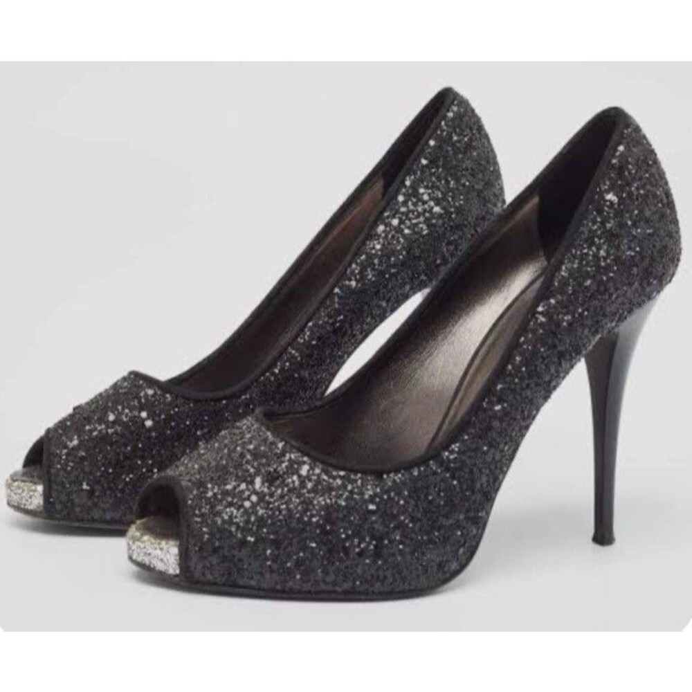 GIUSEPPE ZANOTTI Peep Toe Pumps  Black Glitter  Size 6